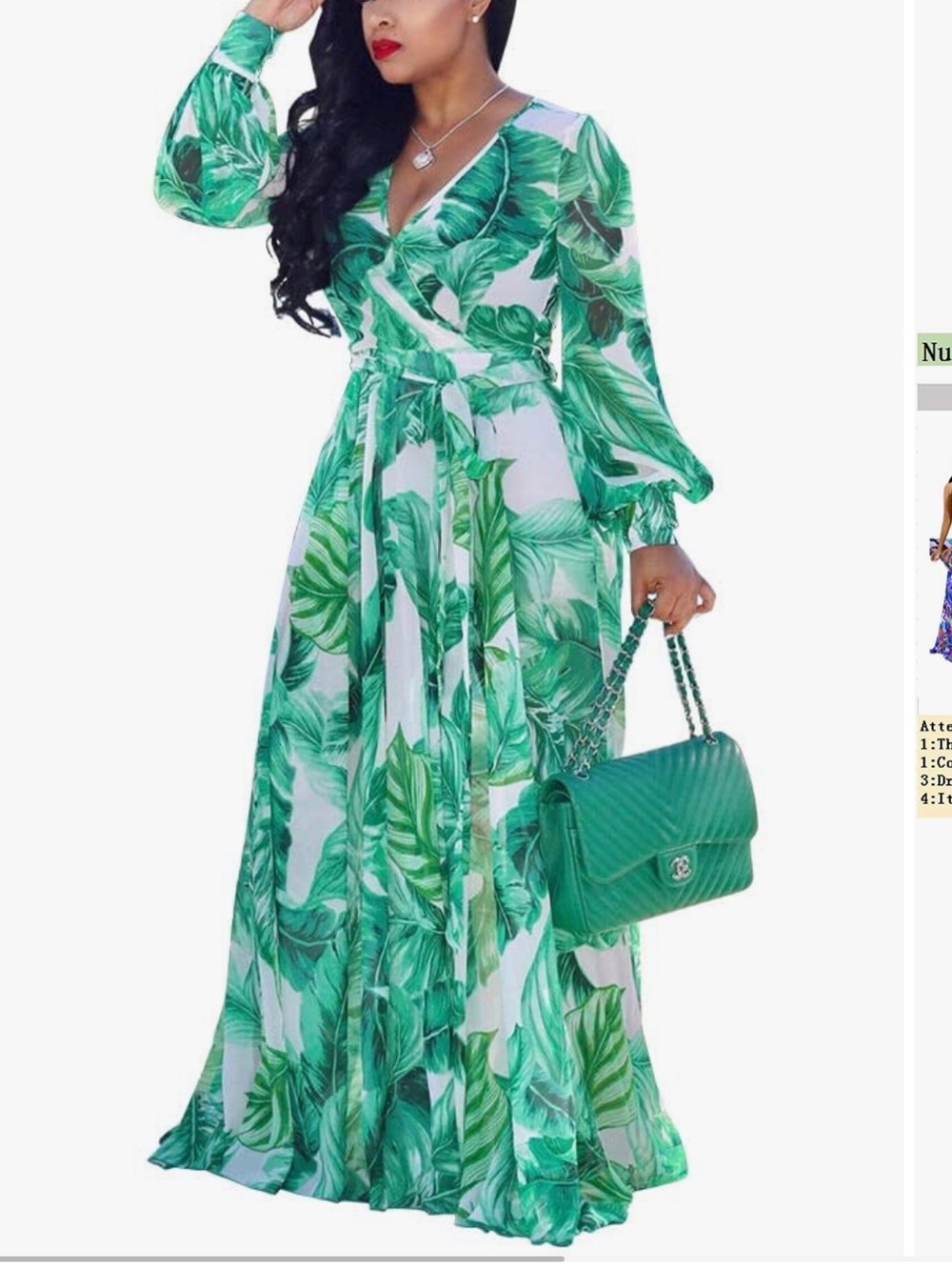 Green Leaf Print V-Neck Maxi Dress XL